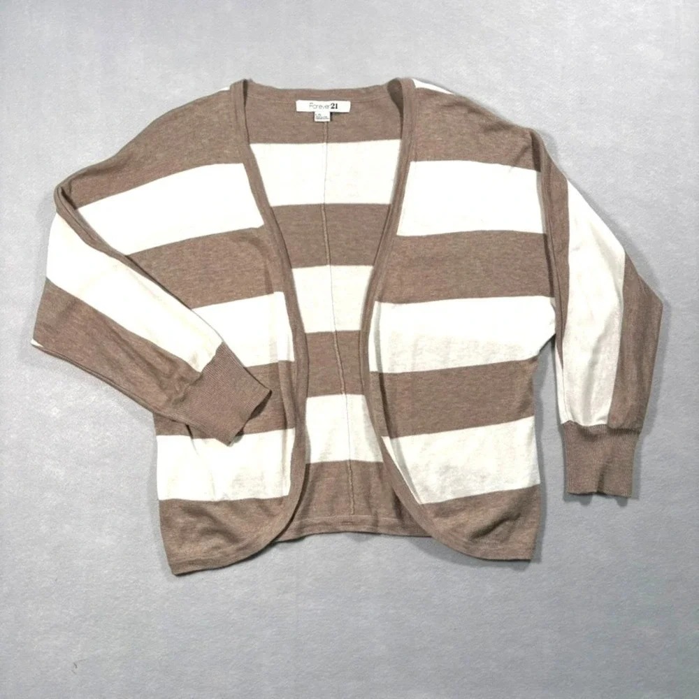 Forever‎ 21 Striped Cardigan Large Tan White Open Front Neutral Coastal Minimal
